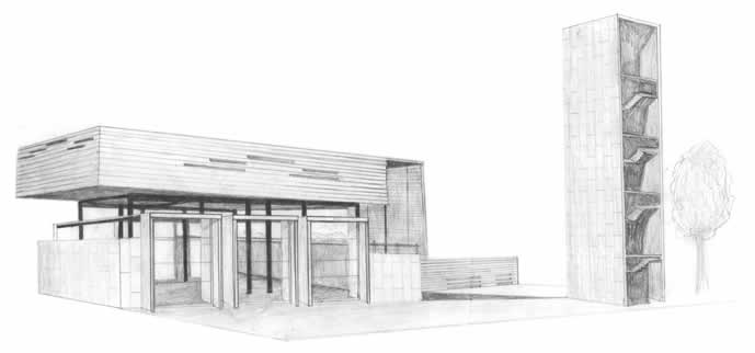 Hand-drawn rendering of fire station